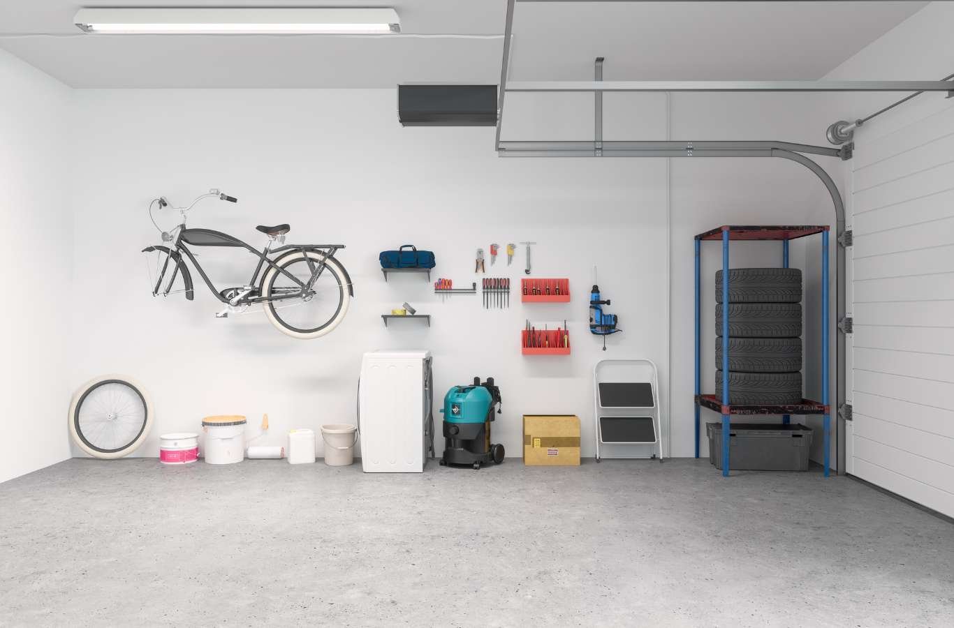 A well-organized garage with tools neatly stored and floors coated by Expert Epoxy Solutions in Wrightsville, NC, demonstrating efficient space management.