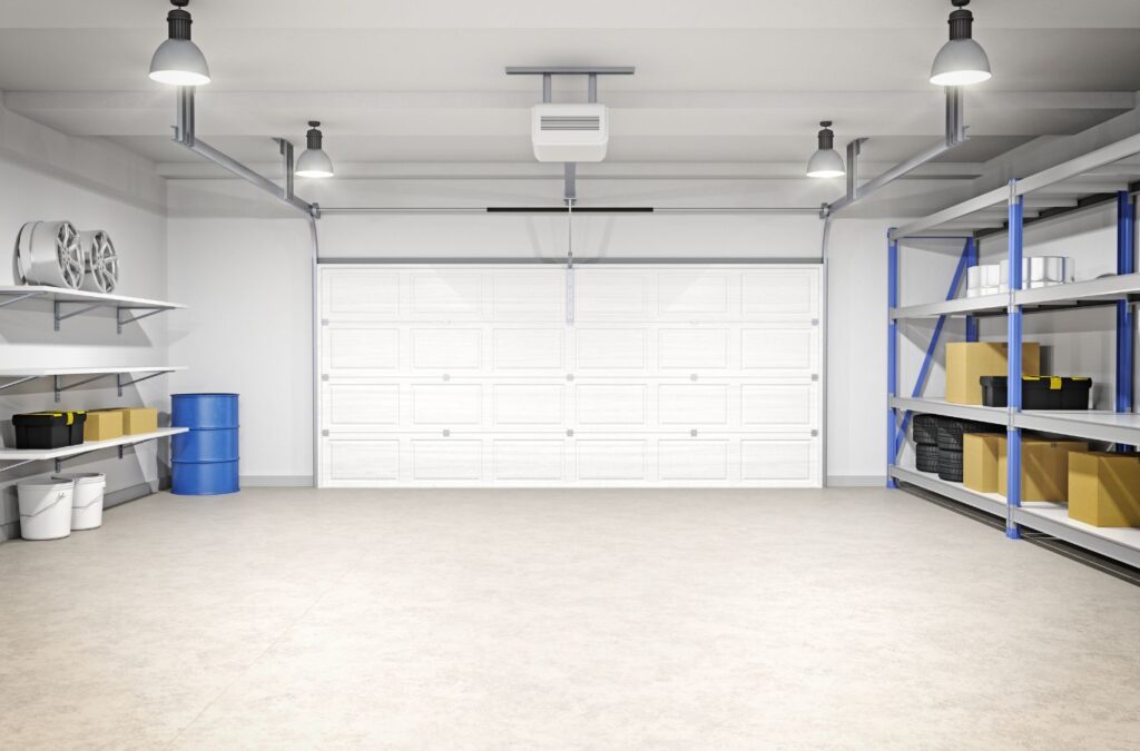 Organized garage space in Oak Island, NC with custom shelving and storage solutions installed by Expert Epoxy Solutions.